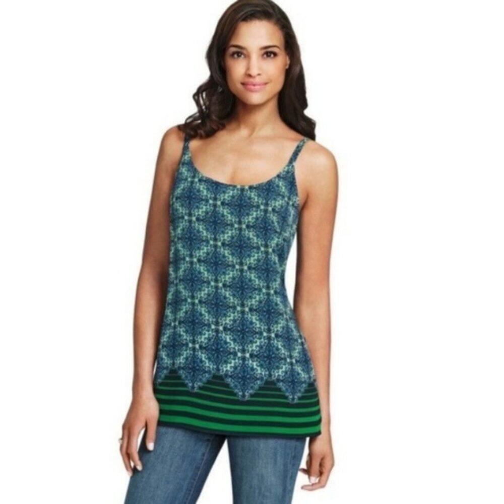 CABI Navy Tunic Cami Tank XS Diamond Print Office Business Work $68 Stripe Green